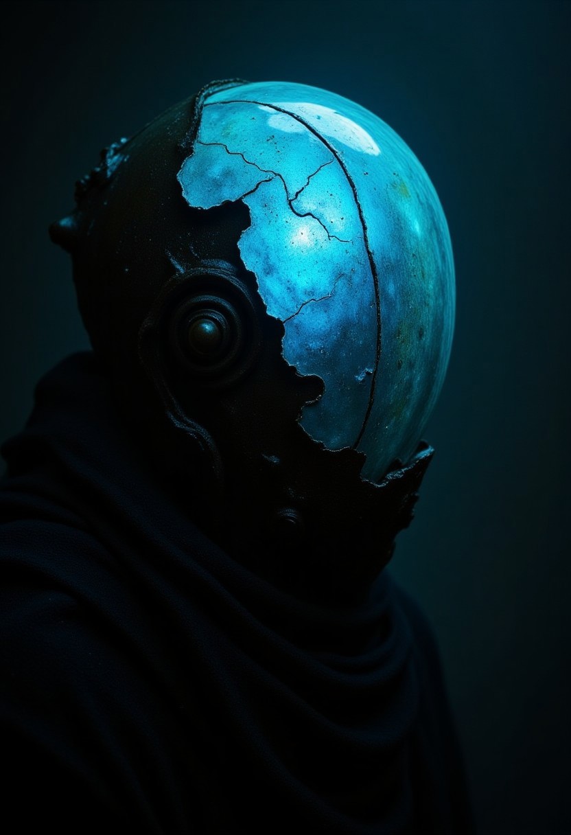 rootform. Analog photo of a mysterious Knight Shrouded in darkness with a glowing orb AS head,
The figure's face is obscured by this glowing, cracked glass-like blueish and dark-turqoise structure, giving it an eerie, otherworldly appearance.