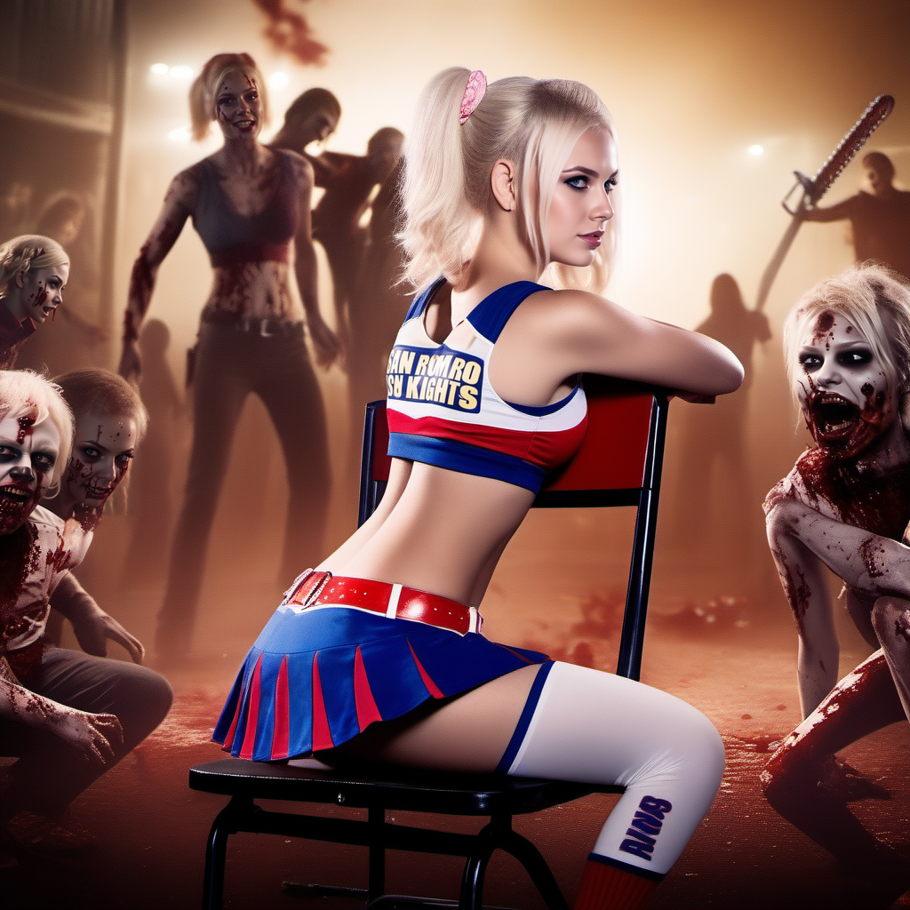 cinematic photo cinematic photo a full body blonde cheerleader with two curled-point ponytails sitting reversed on a chair surrounded by zombies, text ''san romero knight'', college, chainsaw,  blood splashes <lora:JuiletStarling1024:0.8> . 35mm photograph, film, bokeh, professional, 4k, highly detailed . 35mm photograph, film, bokeh, professional, 4k, highly detailed