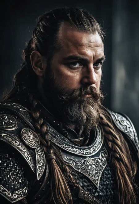 hyper-realistic portrait of a strong fantasy dwarf warrior, long braided beard, thick ornate armor, dark and faded color palette, (dramatic cinematic lighting), rich textures, motion blur on background, intense expression, film grain effect, limited and unusual dark tones, (ultimate detail level), highly professional composition, masterpiece quality, extreme realism, (high contrast shadows), sharp facial details, deep atmosphere, fantasy realism, gritty tone