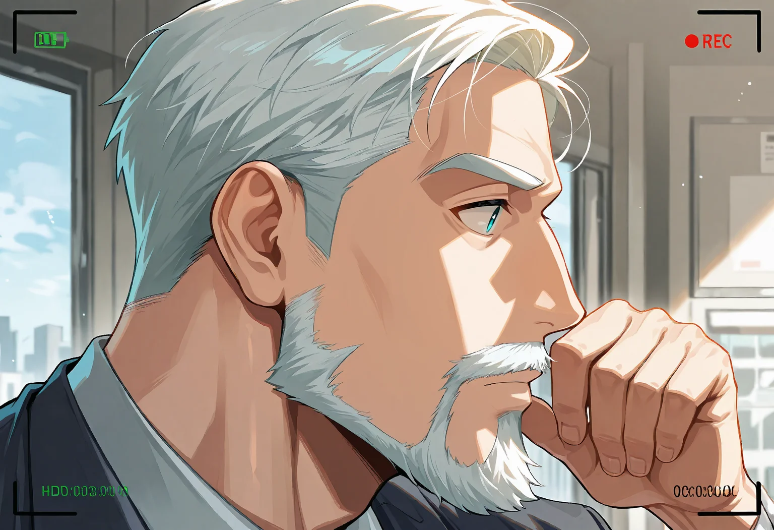 1boy, white hair, mature male, goatee, business suit,
working in office, side vide, close up, head shot, hand , over shoulder shot, day time, bright,
cam3rafram3, black frame, REC symbol, timestamp, battery icon, HUD overlay, focus markers,
masterpiece, best quality, absurdres, newest, perfect quality, detailed background, intricate details, great lighting