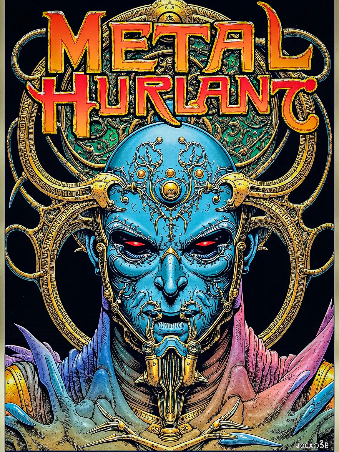 A front page for a comic book titled 'Métal Hurlant,' featuring a highly detailed, futuristic humanoid robot. The robot should have a striking, mechanical face with intricate, ornamental elements, similar to the style of the provided image. The design should incorporate bold, swirling patterns around the robot, with a metallic sheen and rich color palette, primarily using shades of blue, gold, and purple. The background should be dark and atmospheric, with a slight desolation that adds to the mysterious and dystopian vibe. The title 'Métal Hurlant' should be prominently displayed at the top in a bold, metallic font, integrated into the design as if it's part of the intricate patterns surrounding the robot. The overall effect should be both surreal and imposing, capturing the essence of classic comic book covers with a modern, futuristic twist. <lora:metal_hurlant_v1:1.1>
