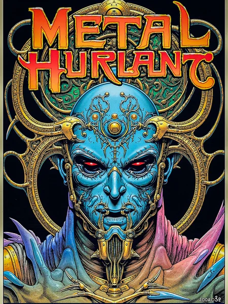 A front page for a comic book titled 'Métal Hurlant,' featuring a highly detailed, futuristic humanoid robot. The robot should have a striking, mechanical face with intricate, ornamental elements, similar to the style of the provided image. The design should incorporate bold, swirling patterns around the robot, with a metallic sheen and rich color palette, primarily using shades of blue, gold, and purple. The background should be dark and atmospheric, with a slight desolation that adds to the mysterious and dystopian vibe. The title 'Métal Hurlant' should be prominently displayed at the top in a bold, metallic font, integrated into the design as if it's part of the intricate patterns surrounding the robot. The overall effect should be both surreal and imposing, capturing the essence of classic comic book covers with a modern, futuristic twist. <lora:metal_hurlant_v1:1.1>