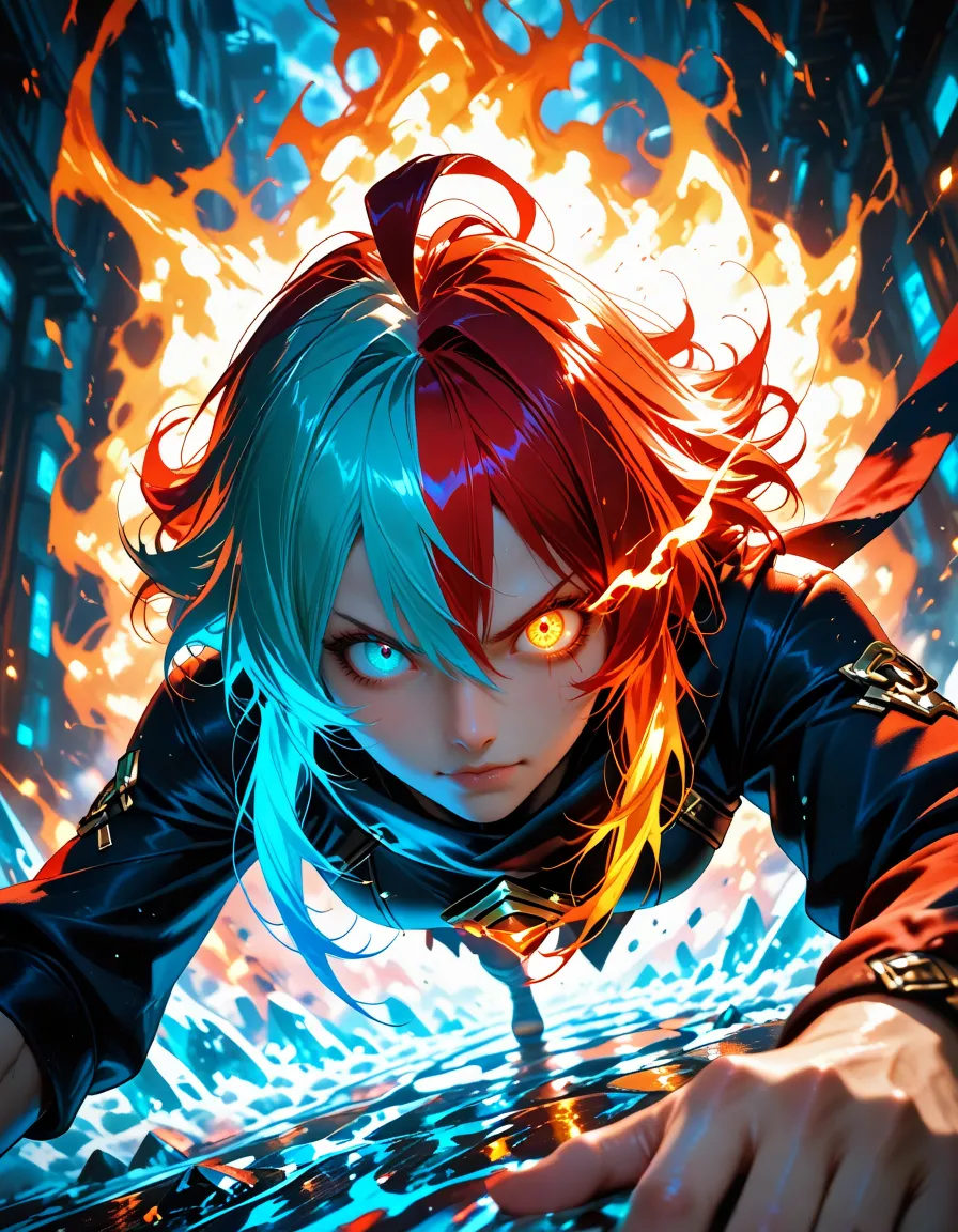 chromatic aberration, film grain, gritty, 1girl, looking at viewer, solo, flame in left eye, ice in right eye, heterochromia, multicolored hair, detailed, eye focus, epic, blizzard, ice, fire, glowing, action pose, perspective, Cinematic Lighting, light leaks,masterpiece,amazing quality,very aesthetic,absurdres,newest, latest,, <lora:Hyper_sdxl_8step:1>, dynamic pose,dutch angle,colorful, <lora:cfg_scale_boost:0.7>, <lora:Expressive_H:1>, expressiveh