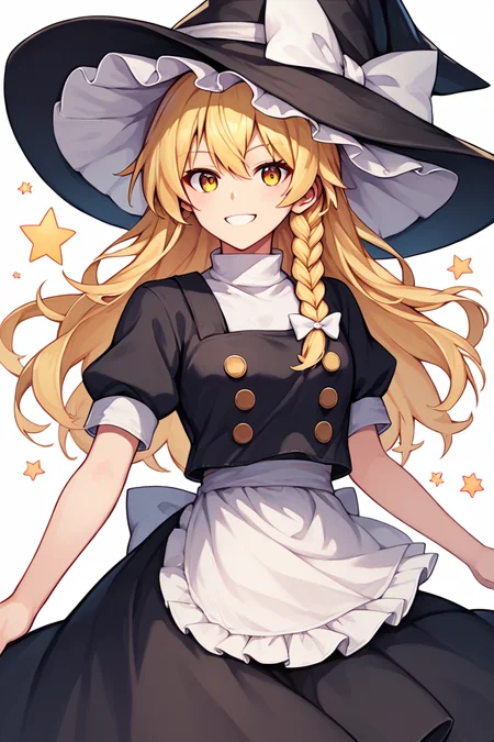 score_9, score_8_up, score_8, score_9, 1 girl,  source_anime, <lora:kirisame_marisa_pony-10:1> kirisame marisa,  blonde hair, yellow eyes, single braid, witch hat, white ribbon, black skirt, black shirt, short sleeves, waist apron, smile, [star \(symbol\)], cowboy shot
