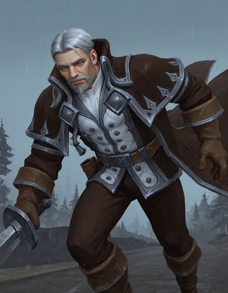 masterpiece, best quality, newest, detailed background, intricate details, male focus, realistic, solo, <lora:World of Warcraft - Genn Greymane - Illustrious-000005:0.7>, genn_g, 1boy, mature male, grey hair, very short hair, mustache, beard, blue eyes, brown overcoat, white jacket, white shirt, brown gloves, brown belt, brown pants, brown boots, outdoors, overcast, charging forward, fighting, swinging a sword