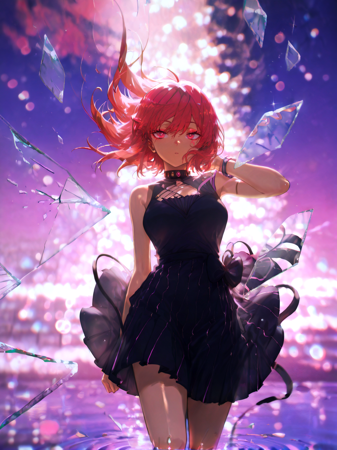 masterpiece,best quality,solo,(solo focus:1.4),(solo:1.2),1girl,(Full body Shot:1.1),detailed background,dramatic lighing,cinematic still,tan skin, brown skin, shaved sides hair, two-tone hair, red hair , Multicolour iris, tsurime eyes , dark pink eyes , unique pupils, looking at viewer , straight on, medium breasts,pink eye makeup,pink eyeshadow,multicolor background,colorful,at night,clothing in wind,hair in wind,[magical girl, dress | goth, gothic dress],<lora:BrokenGlass_illusXL_Incrs_v1:1.1>,glass shards,reflection,broken glass,cowboy shot ,falling, mid-air, freeze frame ,ripples,galaxy,neon lights,film grain,particles,blurry background,bokeh background,stars,realistic,jewelry,featured on pixiv,<lora:ChamIllustriousBackgroundEnhancer:0.8>,<lora:UK shiny_skin1v_ILXL:0.7>,shiny skin,<lora:konyakarasuelokr_for_illustrious-000126:0.9>,
