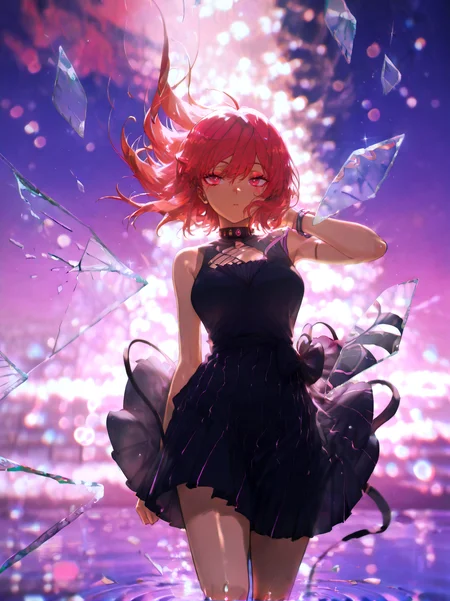 masterpiece,best quality,solo,(solo focus:1.4),(solo:1.2),1girl,(Full body Shot:1.1),detailed background,dramatic lighing,cinematic still,tan skin, brown skin, shaved sides hair, two-tone hair, red hair , Multicolour iris, tsurime eyes , dark pink eyes , unique pupils, looking at viewer , straight on, medium breasts,pink eye makeup,pink eyeshadow,multicolor background,colorful,at night,clothing in wind,hair in wind,[magical girl, dress | goth, gothic dress],<lora:BrokenGlass_illusXL_Incrs_v1:1.1>,glass shards,reflection,broken glass,cowboy shot ,falling, mid-air, freeze frame ,ripples,galaxy,neon lights,film grain,particles,blurry background,bokeh background,stars,realistic,jewelry,featured on pixiv,<lora:ChamIllustriousBackgroundEnhancer:0.8>,<lora:UK shiny_skin1v_ILXL:0.7>,shiny skin,<lora:konyakarasuelokr_for_illustrious-000126:0.9>,