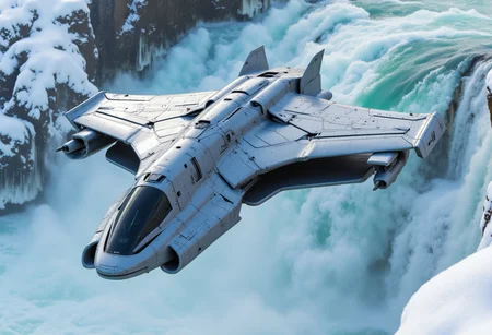 silvert rusty spaceship, flying through scenery, snow, waterfall