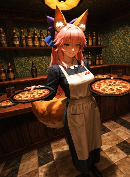 kingpin, realistic, masterpiece, best quality, amazing quality, very aesthetic, absurdres, newest, (tamamo_no_mae_\(fate\):1.2), full_body, chef_uniform, (holding_tray:1.2), (pizza:1.2), (fancy_restaurant:1.2), art_deco_interior, luxury_interior, marble_floor, golden_lighting, warm_lighting, detailed_background, elegant_setting, confident_pose, smiling, fox_ears, pink_hair, long_hair, tail, dynamic_angle, ornate_furniture, standing, cinematic_lighting, soft_shadows, upscale_mood, ambient_occlusion, white_apron, food_service, <lora:Kingpin_-_Life_of_Crime_Style_E17_DIM16_ILXL_V1.2:1>. <lora:dmd2_sdxl_4step_lora:1>