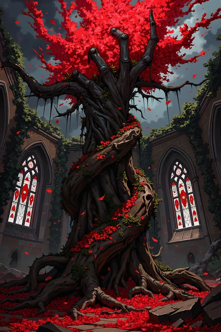 A chaotic explosion of crimson petals rains down like a storm, each petal looking almost like a drop of blood against a blackened, stormy sky. A single, thorn-covered vine spirals upward from the ground, twisting into the shape of a skeletal hand reaching toward the heavens. The backdrop features a ruined cathedral, overtaken by massive roots and ivy, its stained-glass windows shattered, letting in an eerie, ghostly light. <lora:XRSTYLE_FLUX:0.5><lora:RetroAnimeFluxV1:0.4><lora:MoriiMee_Gothic_Niji_Style_FLUX:0.3>