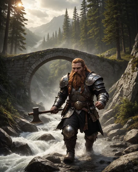The scene depicts a fierce dwarven warrior charging forward across an ancient stone bridge spanning a roaring river. The bridge, constructed from weathered gray stone blocks, stretches confidently over the rushing waters, its solid construction emphasizing medieval craftsmanship. The river below churns with white froth, cascading over smooth rocks and weaving its way through a lush valley surrounded by a dense forest of tall pine trees. The trees' dark green foliage reaches skyward, framing the backdrop with natural grandeur, while soft sunlight filters through, bathing the setting in a warm, golden glow. In the distance, the bridge arches gracefully, suggesting depth and scale, while the surrounding wilderness exudes an untamed, magical quality. At the forefront of the composition stands the imposing figure of the dwarf. His dynamic pose conveys both strength and urgency as he charges forward with a determined expression etched into his rugged face. His long, fiery-red beard is meticulously braided and adorned with decorative metal clasps, each braid swaying slightly with his movement. His hair, partially tied back in a warrior's knot, flows behind him, adding to the sense of motion. His expression is fierce, with piercing eyes and a furrowed brow that reflect his indomitable spirit. The dwarf's armor is a masterpiece of craftsmanship, crafted from intricately engraved steel plates that shimmer subtly in the sunlight. Each piece of the armor is adorned with ornate patterns, including swirling motifs and faintly glowing runes, suggesting a magical or sacred quality. The shoulder plates curve outward, providing both protection and an imposing silhouette, while his gauntlets and boots are equally detailed, showcasing layers of metal and leather designed for battle. A thick leather belt secures his armor, and from it hangs a sheathed sword, the hilt gleaming with golden embellishments. In his right hand, the dwarf wields a massive double-headed battle axe. The weapon is as imposing as its wielder, with intricate carvings etched into the gleaming steel blades. The axe handle, made of dark, reinforced wood, is tightly gripped in his powerful hand, suggesting years of experience in combat. The dwarf's forward stride on the uneven stone bridge, with his left fist clenched for balance, emphasizes his readiness for action and his confidence in battle. The natural surroundings amplify the drama of the scene. Behind the dwarf, the forest stretches endlessly, the tall pine trees swaying gently in the breeze. Their dark trunks create vertical lines that contrast sharply with the horizontal flow of the river and the curve of the bridge. The bright sunlight filters through breaks in the trees, casting dappled shadows across the landscape and highlighting the textured surfaces of the stone bridge, armor, and rushing water. The interplay of light and shadow enhances the realism and draws attention to the details of the warrior and his environment. Overall, the image captures a vivid moment of adventure and determination, combining elements of fantasy and realism. The dwarf, with his powerful presence, intricate armor, and flowing beard, embodies the archetype of a fearless warrior. The setting, with its lush forest, ancient bridge, and roaring river, creates a backdrop that is both serene and alive with energy, enhancing the heroic tone of the composition. This is a snapshot of a larger epic, a moment frozen in time that invites the viewer to imagine the story that lies ahead.