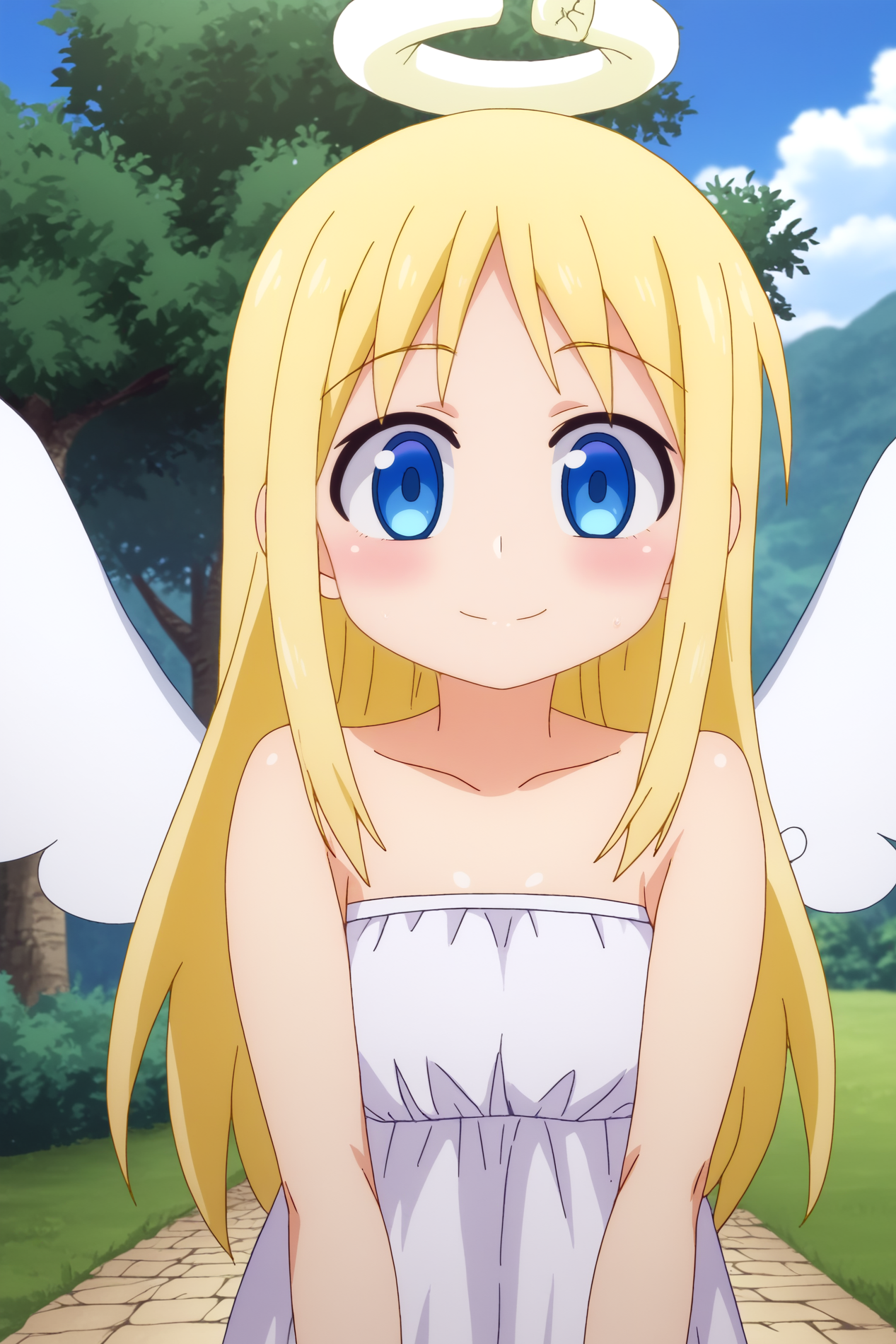 Crimvael, angel, broken halo, wings, solo, smile, anime coloring,  rating_all, outdoors, looking_at_viewer <lora:Ishuzoku_Reviewers-Crimvael-PDXL:0.8>