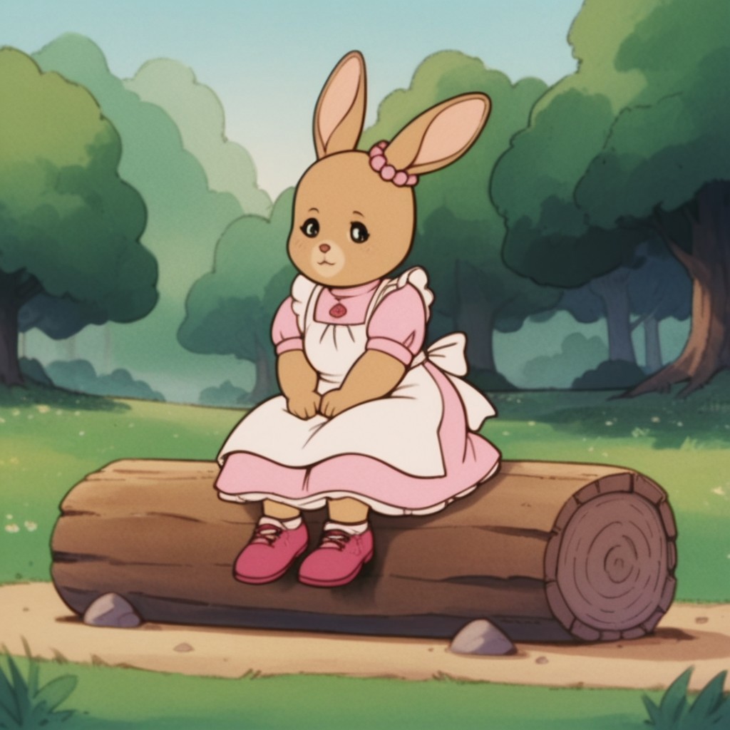 score_9, score_8_up, score_7_up, score_6_up, score_5_up, score_4_up, source_furry, PattyRabbit, anthro, female, rabbit, tan fur, pink dress, white apron, pink shoes, beaded ear ornament, sitting, outside, sitting, on a log, in a field,