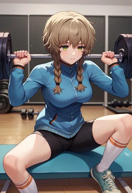 score_9, score_8_up, score_7_up, source_anime, amane suzuha, short hair, twin braids, green eyes, brown hair, blue jacket, black shorts, gym, exercise, white socks, weightlifting, <lora:Amane Suzuha-000008:1>