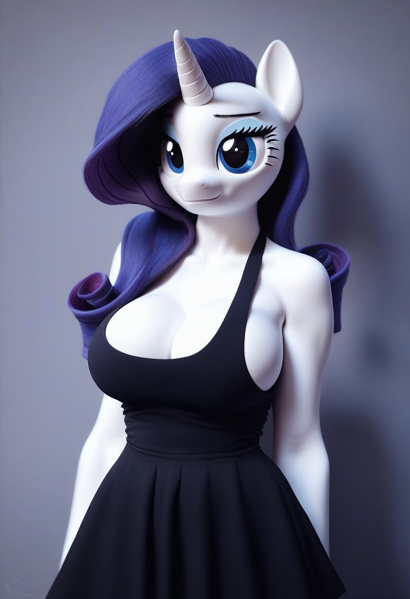 score_9, score_8_up, score_7_up, anthro, source_pony, rarity, large breasts, cleavage, cute-bk, 1girl, black dress