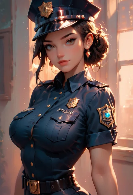 score_9, score_8_up, score_7_up, score_6_up, 1girl, gorgeous girl, kawaii girl, cute face, police officer, brunette updo, officers cap, aviators, updo, dark navy police officers uniform, (athletic:1.2), large breasts, (thin:1.2), pose , boob focus ,boob focus, (sexy pose), illustration, (mature:1.2), (angular face:1.2)
