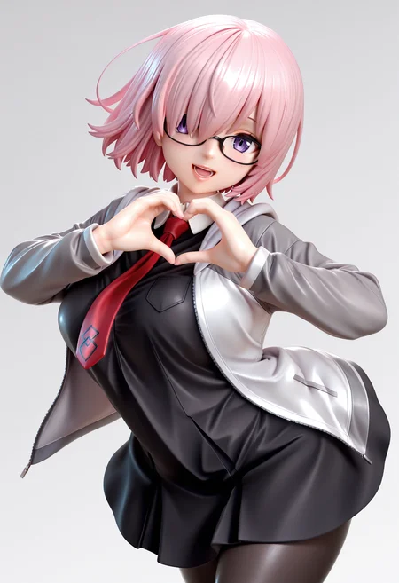 lazypos, shiny skin, (thick lips:0.9), shiny lips, <lora:eye:0.7> HDeyes, detailed eyes, <lora:Anime_Figure:1> anifigurestyle,
mash kyrielight, pink hair, purple eyes, black dress, black skirt, grey jacket, red necktie, black pantyhose, black-framed eyewear,
smile, open mouth, heart hands, dynamic pose, looking at viewer,
