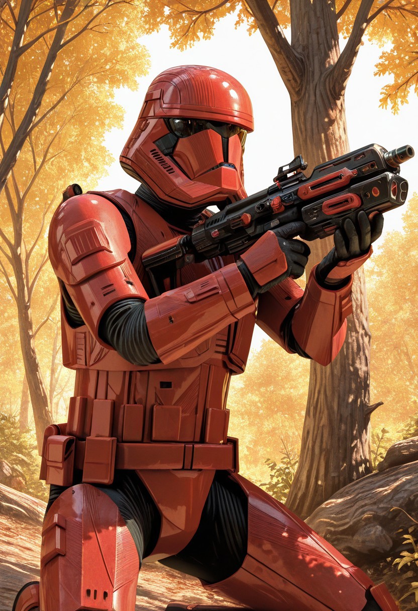 detailed background, cowboy shot, solo, 1boy, SithTrooper, red armor, red helmet, black visor, holding st-w48 blaster riffle in hands, on knees, aim weapon, blaster firing, Star Wars forest scenery,  detailed scenery, masterpiece, best quality, very aesthetic, newest, masterpiece, best quality, amazing quality, very aesthetic, absurdres, newest,, high res, ultra detailed, best quality, best artwork, detailed eyes, (eyes focus), perfect eyes, big iris, pupils visible, anthro hands, claws, 4k, ultra quality, perfect face, absurdres,masterpiece,best quality,amazing