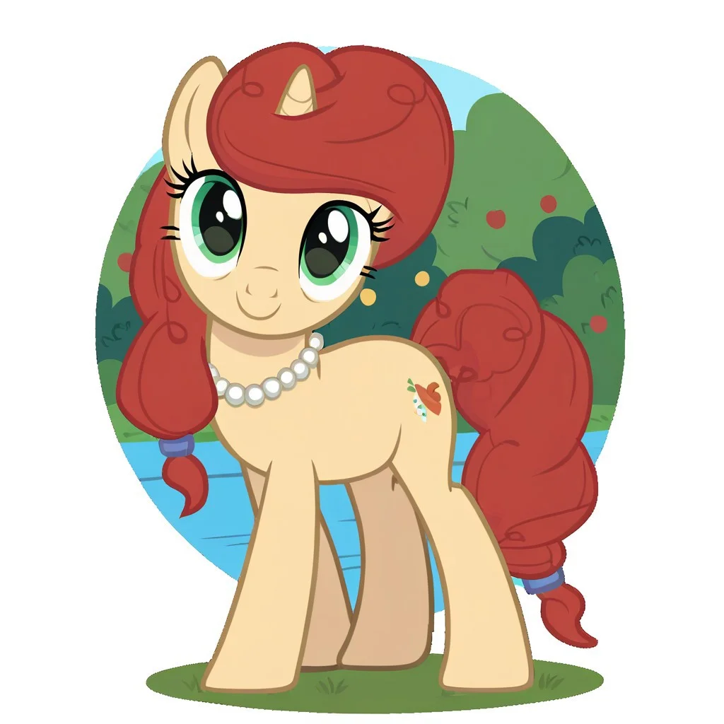 score_9, score_8_up, score_7_up, score_6_up, score_5_up, score_4_up, Fair Devotion, pony, unicorn, terracotta mane and tail, green eyes, light tan fur, show accurate, solo, cute, best high quality, high res, outside, park, solo, cute, beautiful, pearl necklace, standing, up close, looking at viewer, sad, smiling, side view