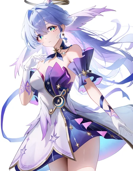 luenar,1girl,solo,looking at viewer,simple background,white background,cowboy shot,<lora:LueNar:1>,robin \(honkai: star rail\),, masterpiece, best quality, very aesthetic, absurdres,newest, incredibly absurdres,
