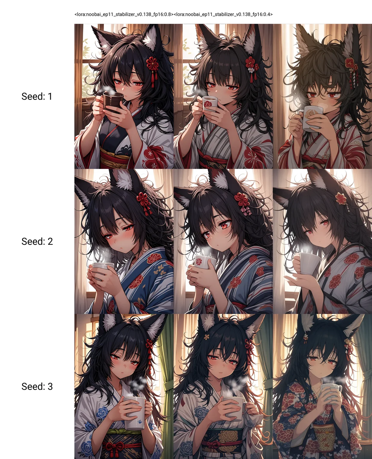 <lora:noobai_ep11_stabilizer_v0.138_fp16:0.8>1girl,fox girl,fox ears,red eyes,black hair,hair ornament,holding cup,steam,upper body,indoors,messy hair,sleepy,sunlight,curtains,print kimono,masterpiece,best quality,