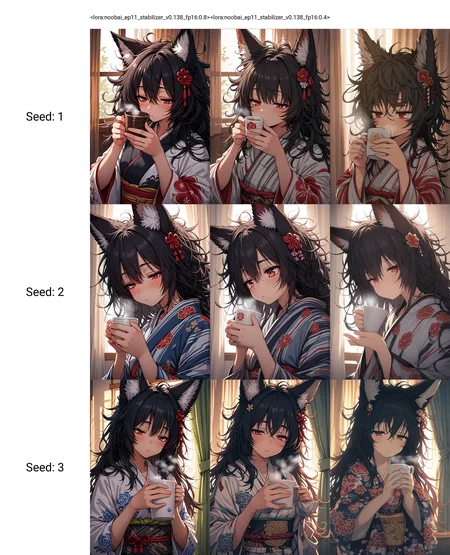 <lora:noobai_ep11_stabilizer_v0.138_fp16:0.8>1girl,fox girl,fox ears,red eyes,black hair,hair ornament,holding cup,steam,upper body,indoors,messy hair,sleepy,sunlight,curtains,print kimono,masterpiece,best quality,