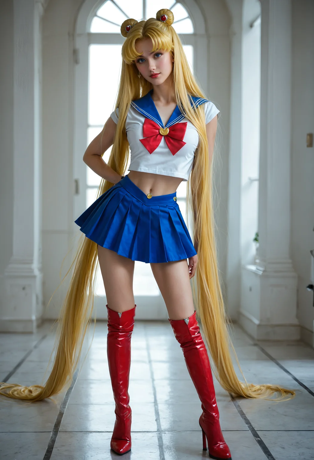 Score_9,score_8_up,score_7_up, 1girl, (Sailor moon), (((yellow hair)),sailormoon, ultra high resï¼(blue mini skirt),best quality, masterpiece,(photorealistic:1),1girl, Beautiful face,blue sailor collar, standing, red thigh boots,
<lora:Pony Realism Slider:3>