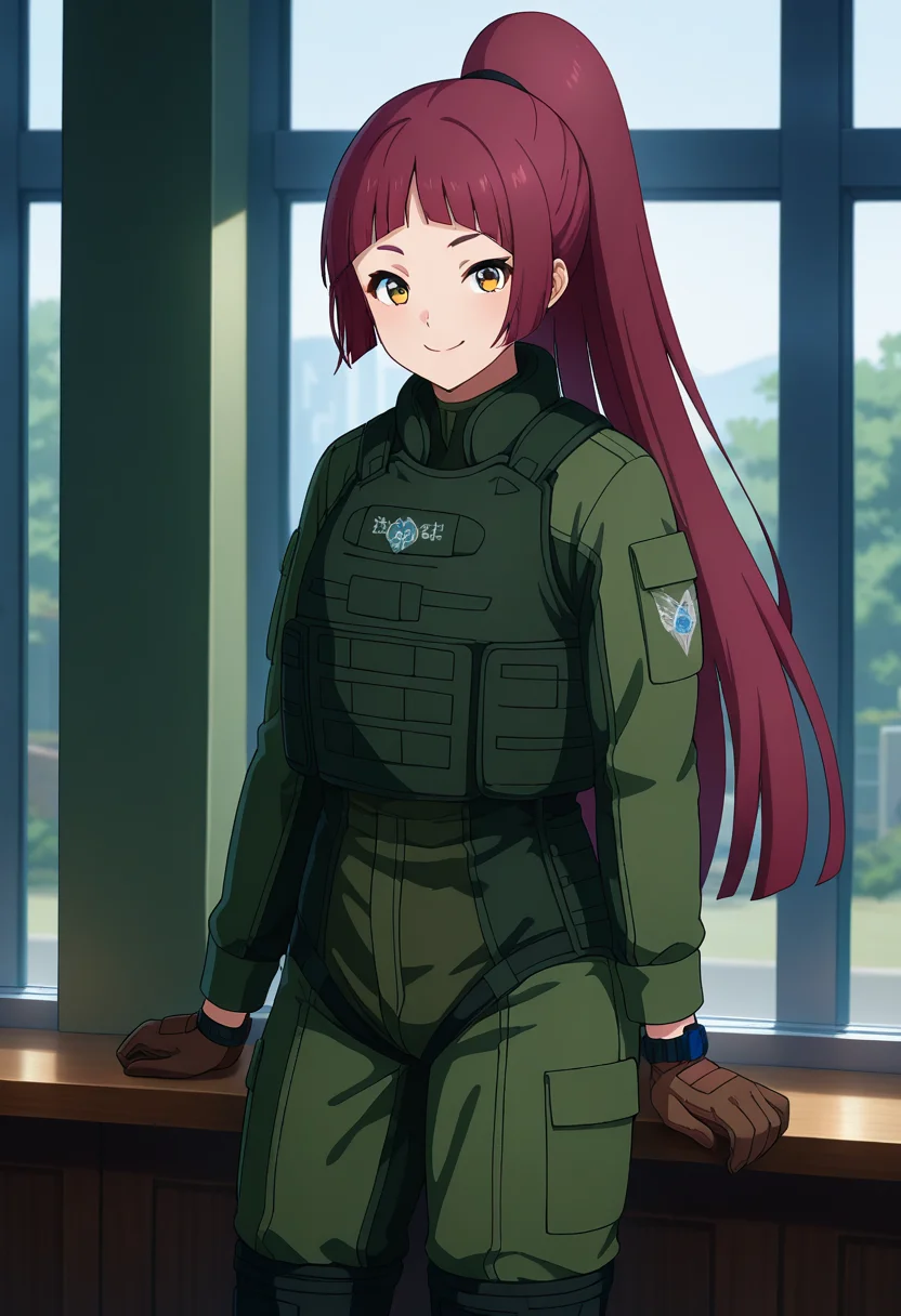 masterpiece, best quality, amazing quality, 1girl, solo, cowboy shot, akiraww, yellow eyes, red hair, long hair, ponytail, blunt bangs, military uniform, green body armor, green jumpsuit, wristwatch, brown gloves, black boots, looking at viewer, smile, indoors, day, skindentation, detailed clothing folds, depth of field, sharp, high contrast, dynamic light <lora:Mishima_Akira_Bravern_ill:0.9>