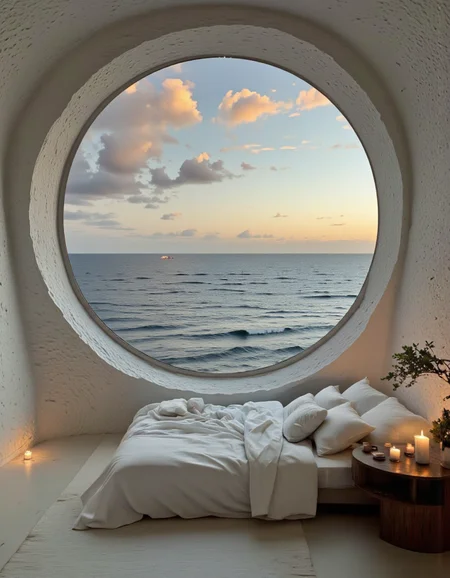 futuristic design. A serene and peaceful bedroom with a large circular window that reveals a stunning view of the ocean at sunset. the room has a minimalist design with white walls and a soft, textured floor. the window is framed by a large, circular archway that creates a sense of depth and dimension to the space. through the archway, one can see the calm, serene ocean with a few small waves and a distant ship in the distance. the sky is a beautiful mix of oranges, pinks, and purples, creating a peaceful and tranquil atmosphere. on the right side of the image, a bed with white linens and pillows is placed in the center of the room, with a round wooden nightstand beside it. candles are placed on the nightstand, adding a touch of warmth and ambiance to the scene. a small potted plant sits on the bedside table, adding to the serene ambiance. the overall aesthetic is minimalistic and minimalistic, making the room a dreamy and tranquil place to relax and unwind.