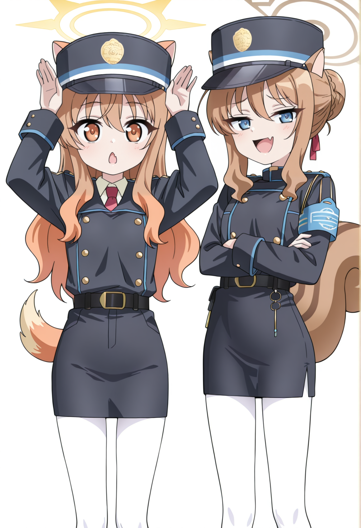 anime coloring, 2girls, simple background, white background, 1girl, orange hair, orange eyes, dog ears, dog tail,  hat, military uniform, pencil skirt, white pantyhose, halo, rabbit pose, chestnut mouth, looking at viewer, <lora:rico_dd:0.8>
BREAK
anime coloring, 2girls, simple background, white background, 1girl, hat, brown hair, blue eyes, squirrel ears, squirrel tail, single hair bun, ribbon, hat, military uniform, pencil skirt, white pantyhose, halo, shrugging, flesh fang, smug, open mouth, half-closed eyes,  looking at viewer,   <lora:Tachibana_Nozomi_Blue_Archive:1><lora:Cou_DD:0.8>, masterpiece, best quality, amazing quality, very aesthetic, absurdres, highres, newest