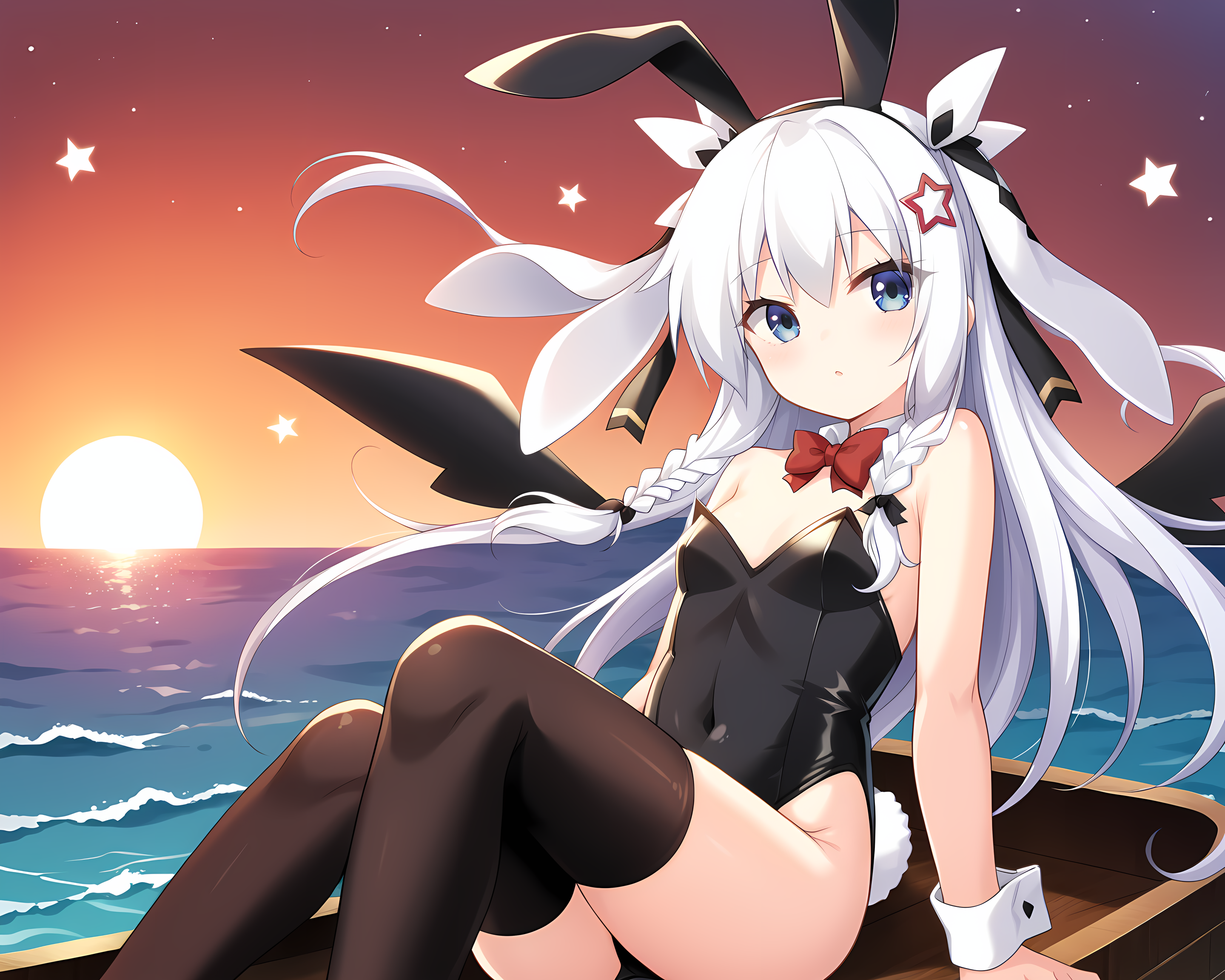 black leotard,rabbit ears,playboy bunny,black thighhighs,red bowtie,1girl,sonya,long hair,blue eyes,braid,white hair,thighhighs,star,(symbol),ribbon,wings,star hair ornament,simple background,rowboat,ocean,sunset,<lora:Sonya_-_Sankai_Ou_no_Yubiwa_-_ã¨ã¦ã·ã¥ãªã¼_çæµ·çã®åç°_-_Eushully:1>,, score_9, score_8_up, score_7_up,source_anime,(masterpiece),(best quality),(ultra-detailed),(best illustration),(best shadow),(absurdres),(detailed background),(very aesthetic),source_anime