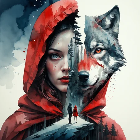 red riding hood and wolve, wonderful artistic watercolor painting by Brandon Kidwell, Andreas Lie, Dan Mountford, Dan Hillier, Conrad Roset, Erik Johansson, Yoshitaka Amano, Agnes Cecile,James Jean, Steve McCurry, intricate, mesmerizing, cinematic lighting, highly detailed, smooth, sharp focus, perfect balanced style, vivid ink, amazing depth, complementary colors, whimsical, double exposure, depth of field, split image <lora:Double Exposure XL0.6> <lora:Double_Exposure:0.6>