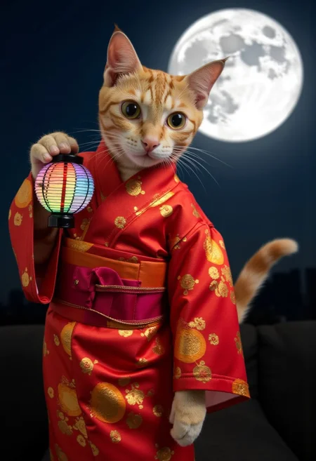 Against a midnight sky, a radiant full moon casts its ethereal glow, bathing the scene in an enchanting soft light. In the foreground, the vibrant form of mimi_hk stands out in bold contrast.
The red tabby domestic cat has been adorned in a resplendent kimono, its brilliant scarlet and tangerine patterns seeming to shimmer under the lunar illumination. The rich fabric cascades gracefully around mimi_hk's lithe form , which mimi_hk is holding a traiditonal chinese lantern