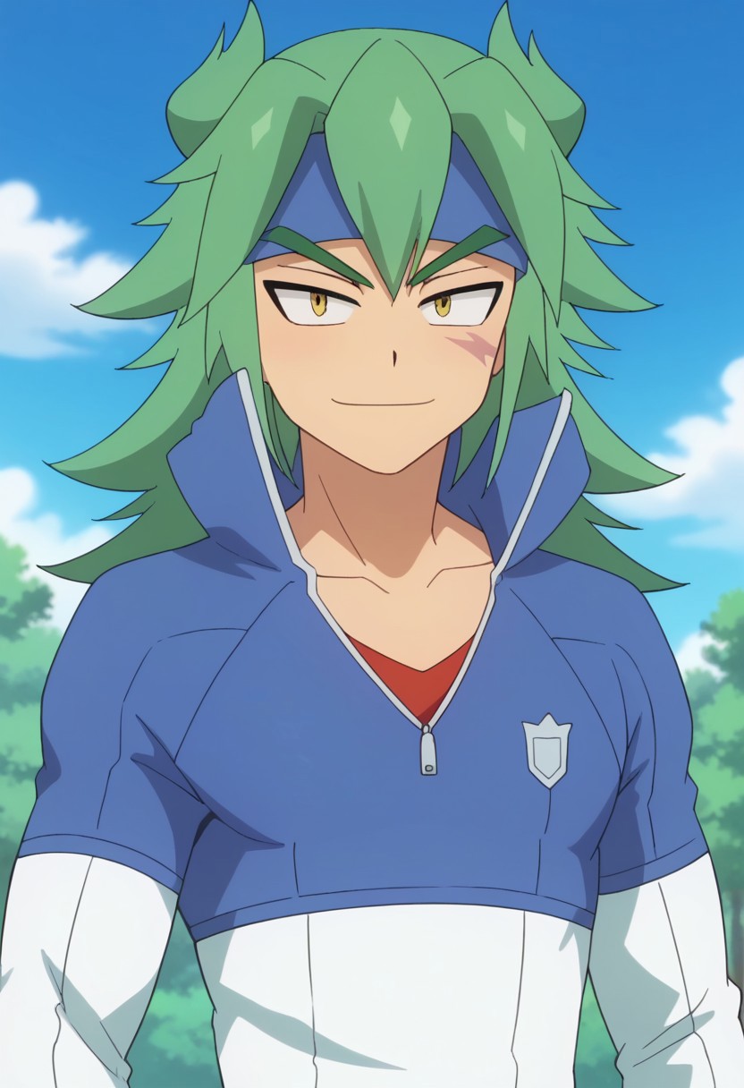 score_9, score_8_up, score_7_up, source_anime, highly detailed, 
masato, 1boy, male focus, solo, yellow eyes, green hair, long hair, headband, blue headband, scar, shirt, red shirt, jacket, high collar, blue jacket, white jacket, multicolored jacket, upper body, smile,
outdoor, sky, cloud, tree