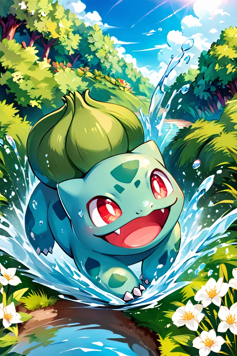 score_9, score_8_up, score_8, ,,, zzBulbasaur, smile, open mouth, red eyes, full body, flower, :d, outdoors, sky, day, tongue, cloud, water, tree, blue sky, looking to the side, fangs, happy, grass, white flower, bright pupils, claws, white pupils, water drop, bush, splashing, rainbow, <lora:BulbasaurPokedexPDXL:1.0>, ,,, embedding:zPDXL, Expressiveh, <lora:CatalystStylePDXL:0.6>, <lora:SDXLFaeTastic2400:0.5>, <lora:Expressive_H-000001:0.4>,