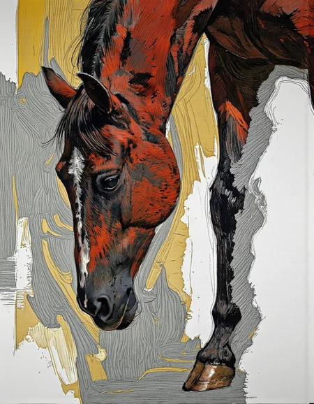 Art by Thomas Haller Buchanan. A digital illustration shoot from a profile camera angle about a stylized, abstract drawing of a horse with a red coat and black lines, set against a yellow and gray abstract background. the image also shows a close-up of the horse's head and upper body, with its legs visible. on the middle of the image, a horse appears to be standing, with a calm and serene expression. the horse is depicted in a standing position, with the horse in the middle, and the background is composed of abstract lines and brush strokes in shades of yellow, gray, and white, creating a sense of depth and texture. the drawing is done in a realistic style with a focus on the texture of the animal's coat and the lines, giving it a textured appearance. the overall effect is one of calmness and tranquility.