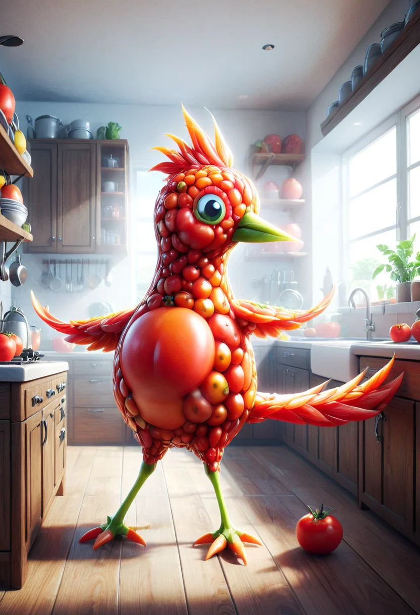 A Bird, mobe-tomamph, 3d like a pixar movie medium-shot, indoor, kitchen, masterpiece, absurdres, vibrant, dynamic angle, dynamic pose, <lora:T0m4t0M0rph-V1:1>,