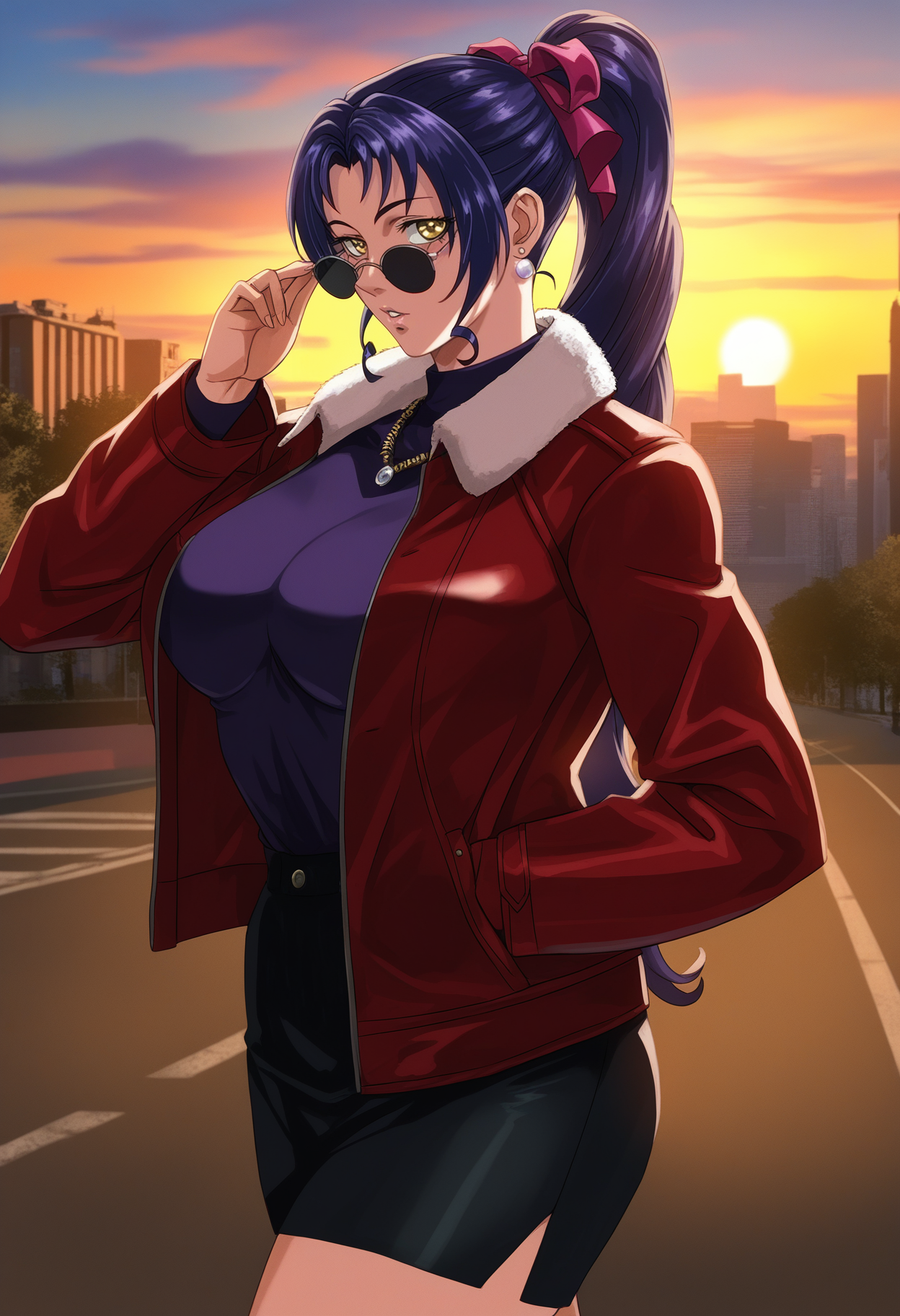 masterpiece, good quality, best quality, highres, very awa, bloom, shadow,
Kozono Nami, 1girl, solo, walking, hand on eyewear, cowboy shot, hand in pocket, three quarter view,
looking at viewer, kubrick stare, sideways glance, parted lips, sunglasses, looking over eyewear,
long hair, purple hair, high ponytail, hair ribbon, yellow eyes,
red jacket, purple undershirt, open jacket, fur trim, earrings, necklace, miniskirt, pencil skirt,
curvy, large breasts,
outdoors, evening, sunset, city, street,
 <lora:Kozono Nami 3216 NoobAIXL Vpred L2:1>
