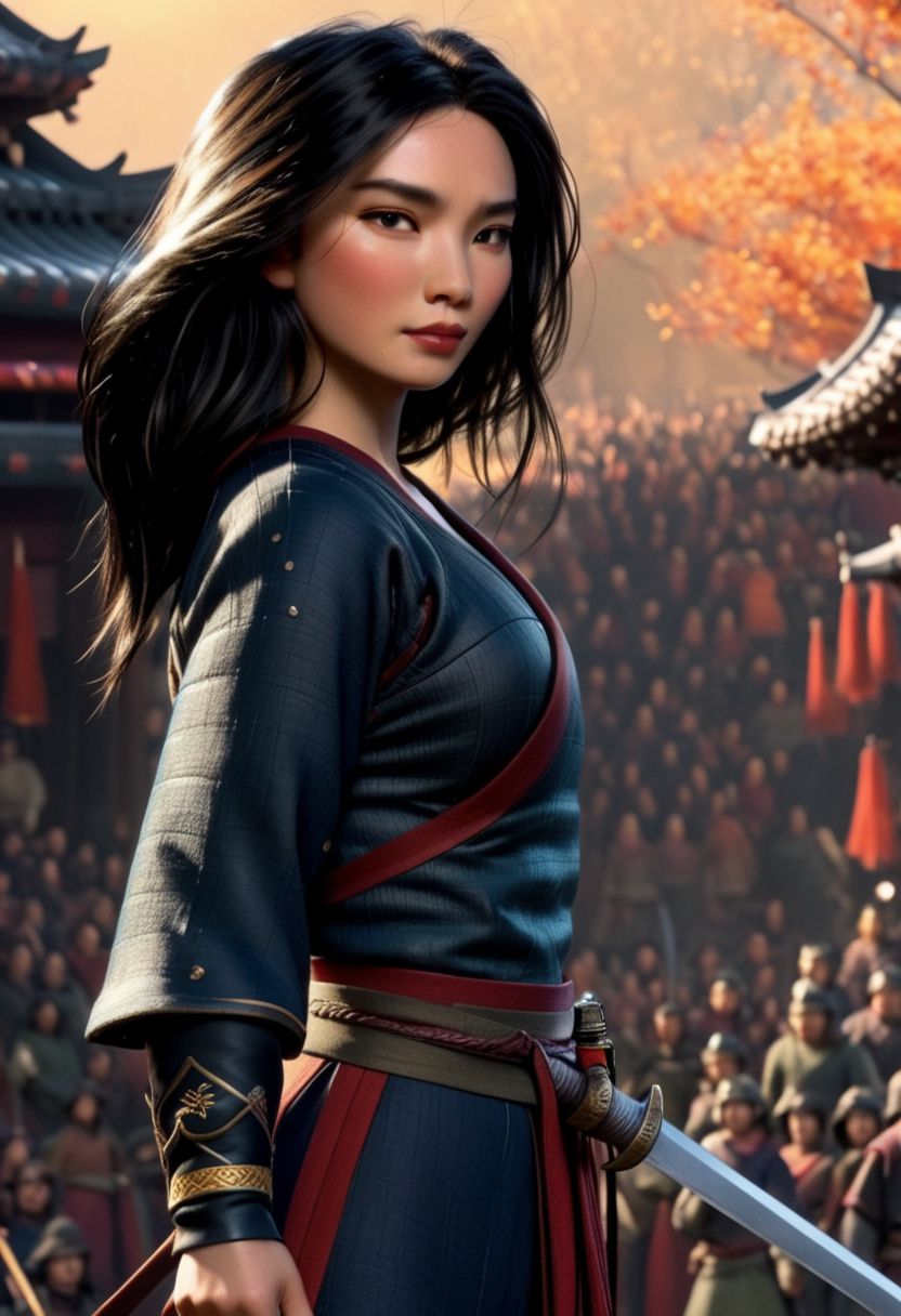 Realistic, , Mulan, original style, majestic,  holding katana