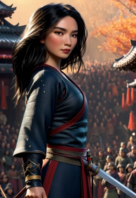 Realistic, , Mulan, original style, majestic, holding katana