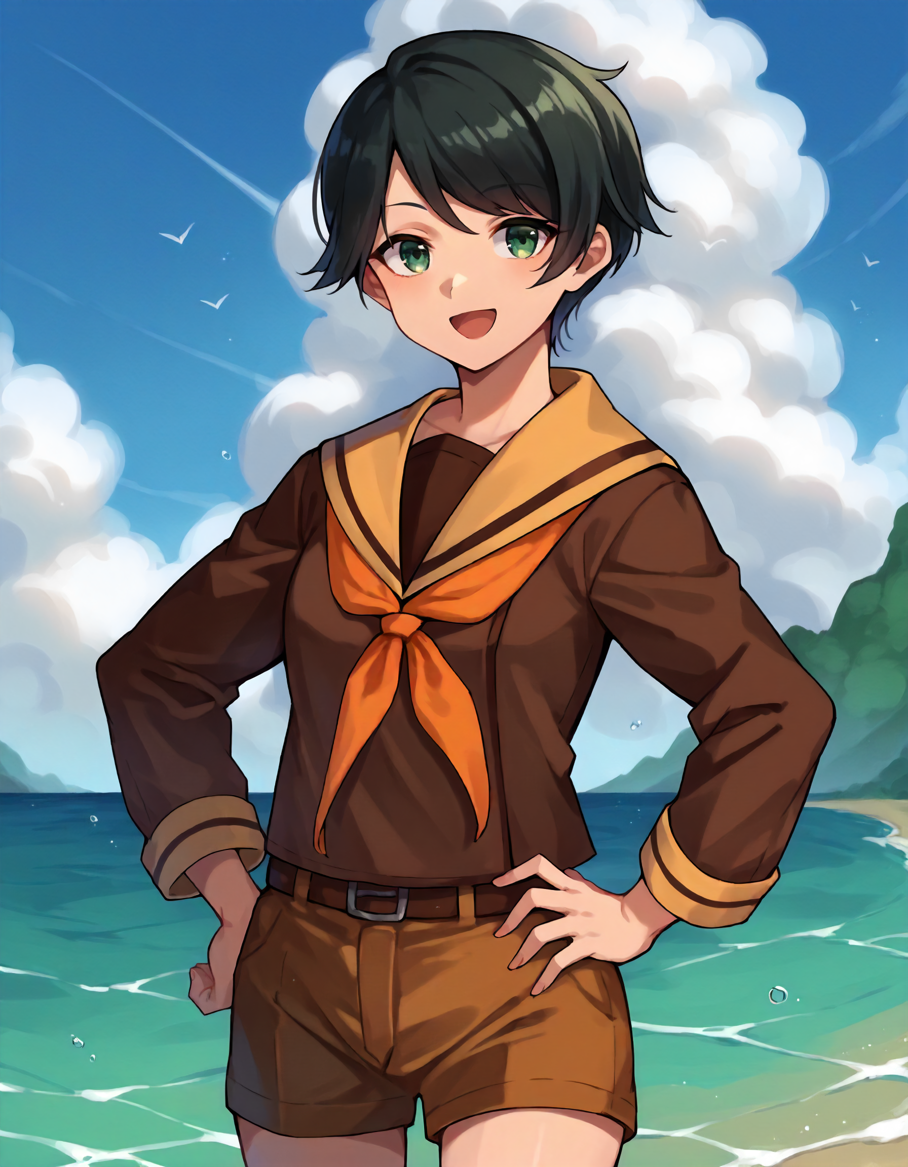 score_9,score_8_up,score_7_up,1girl,solo,cowboy shot,looking at viewer,smile,open mouth,hand on hip,water,ocean,
<lora:kcmogami_ponyXLV6:0.8>,kcmogami,black hair,short hair,swept bangs,green eyes,
brown serafuku,orange neckerchief,yellow sailor collar,brown shorts