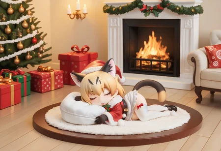 1girl, ((solo)), best quality, ultra-detailed, extremely detailed, perfect anatomy, masterpiece, score_9, score_8_up, score_7_up, Expressiveh, sand cat \(kemono friends\), 1girl, cat girl, cat ears, blonde hair, short hair, cat tail, christmas tree, christmas decoration, christmas ornaments, underneath Christmas tree background, indoors, santa cosplay, santa outfit, santa hat, santa's sack, Christmas outfit, giant sack of presents, fully clothed, Christmas themed thighhighs, thighhighs, santa's sack of presents, red ribbon collar, Christmas presents, Christmas themed, living room, fireplace, (chibi), cute, adorable, closed eyes, sleeping, laying on side, side view, tail_accessory, mistletoe_on_tail, mistletoe,