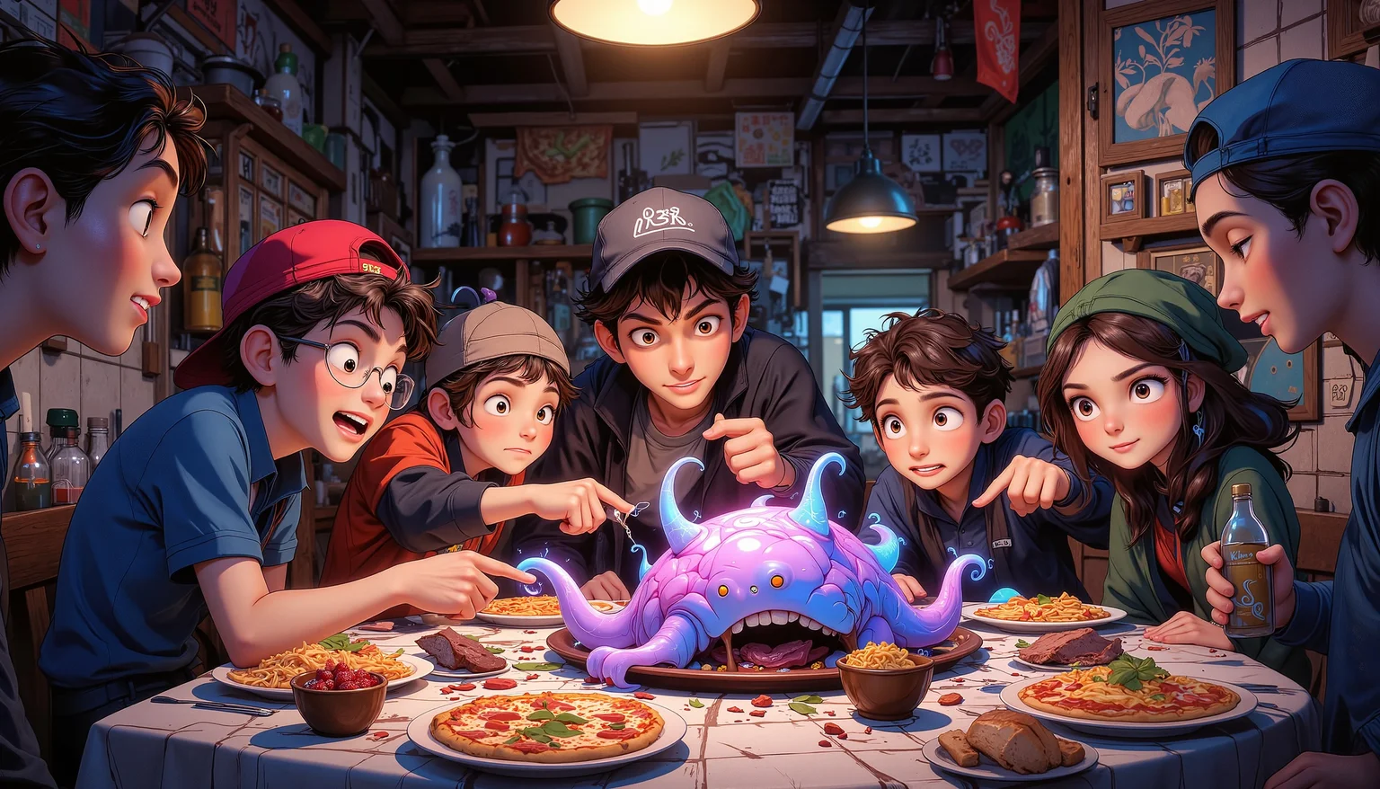A detailed scene of a group of boys and a girl gathered indoors at night, depicted in a hyper-realistic style with rich textures and vivid colors. The setting is a cozy room with a tiled floor and a simple ceiling light casting a warm glow over the space. In the center of the table, a slimy brain slug with glowing tentacle tips sits, causing a mix of shock and glee among the group. Three boys sit around the table. One boy, wearing a blue shirt and shorts, holds a slice of pizza but has paused mid-bite, his eyes wide with surprise as he points at the brain slug. Another boy, dressed in a black jacket and long sleeves, leans forward with a curious expression, poking one of the glowing tentacles gently with a fork. His glasses reflect the light from the tentacle tips. A third boy, wearing red headwear and short sleeves, grins widely, his hand hovering near another tentacle, clearly amused by the strange creature. To one side, a girl with short brown hair sits in a relaxed posture, wearing a hat and a blue jacket. She has closed eyes but is smiling slightly, as if she finds the situation both hilarious and intriguing. A fourth boy stands nearby, dressed casually in a backwards baseball cap and jeans, holding a bottle of what looks like a drink. His mouth is open in a mix of shock and delight as he points at the brain slug. The table is cluttered with various foods like pizza, noodles, and meat, but all eyes are on the central attraction. The brain slug itself is a translucent, gelatinous mass with pulsating tentacles that glow in vibrant colors, casting an eerie yet fascinating light over the group. Everyone's reactions range from cautious curiosity to outright glee, creating a dynamic and engaging atmosphere. The background includes shelves with various items, suggesting they are in a small shop or a home kitchen. The tile floor adds to the realistic setting, reflecting the light from the ceiling lamps and enhancing the grounded, tangible environment. The scene captures a moment of unexpected fun and camaraderie among friends.