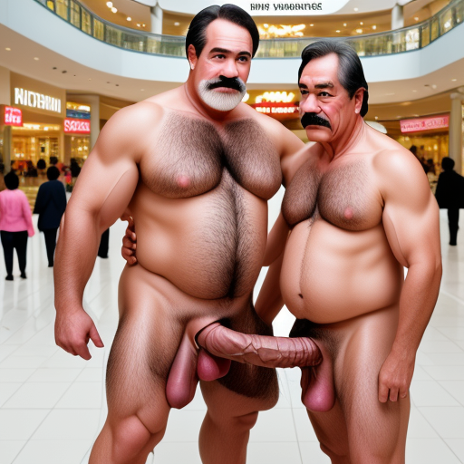 married man and grandfathers in a mall with thick and very large horse penis, male focus, 1boy, realistic, large pectorals, mustache, chest hair, sexy mature beefy Vietnamese daddy, pubic hair, leg hair,
