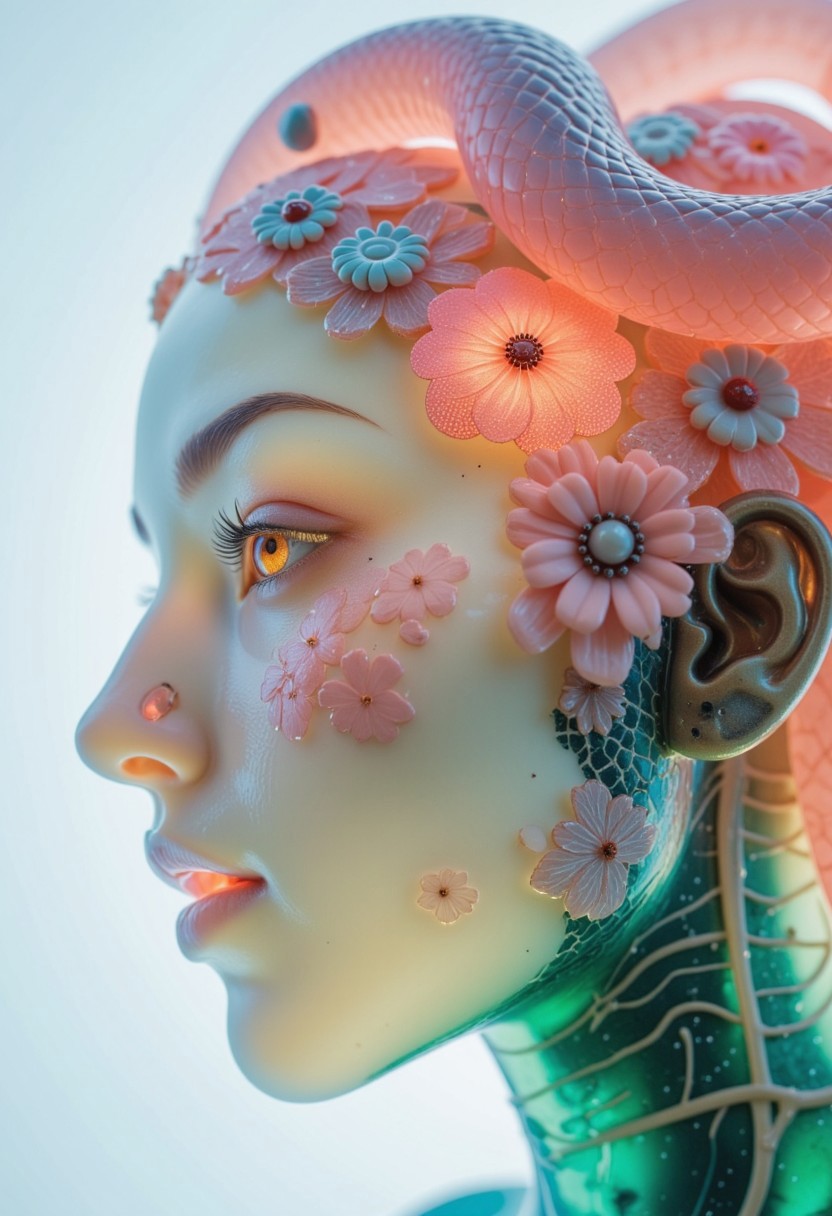 An extreme macro close-up of a translucent robotic head exuding an ethereal allure, inspired by the delicate grace of Asian ceramics. Her porcelain-like surface glows softly in pastel hues of pink, blue, and green, as if she’s gently blushing. Intricate floral and Yakuza-style designs, etched with exquisite precision, bloom across her ceramic shell, depicting cherry blossoms and koi fish. Beneath the translucent facade, flower-like mechanical components and fine wired circuits float like secrets hidden in glass.
Her translucent, snake-like hair coils and undulates around her, glowing faintly in the same soft hues as her skin, giving her an almost Medusa-like charm. The strands move with an otherworldly fluidity, as if alive with quiet whispers. Her crystalline teeth shimmer with the brilliance of polished jade, gleaming with a lifelike sheen. She gazes directly into the camera with a soft, mysterious smile, her expression both enchanting and knowing. Backlit by a diffused glow, the glowing floral elements within her head pulse gently, casting a surreal, dreamlike light that gives the scene an atmosphere of timeless mystery. A subtle cinematic grain adds depth and elegance, blending the charm of ancient beauty with the futuristic allure of this robotic creation.