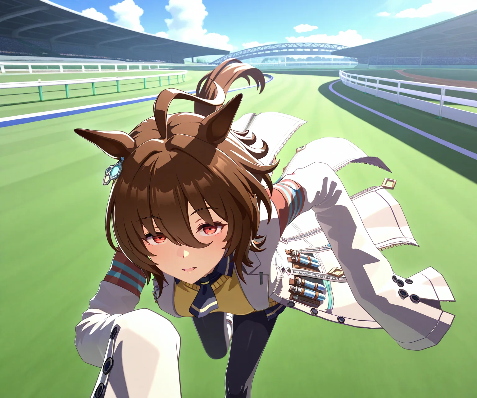 masterpiece, best quality, amazing quality, , 1girl, solo, umamusume, racetrack, running, <lora:Agnes Tachyon in game style 3D ILL-v2.1:1> ummsmingame, 3d, agnes tachyon \(umamusume\), sleeves past fingers