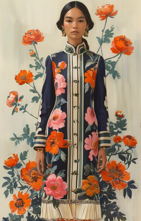 masterpiece,best quality,<lora:tbh317-sdxl:0.9>,illustration,style of Tory Burch decaying peonies