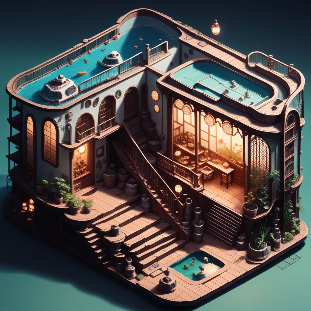 isklzks, an isometric diorama of a miniature aquarium encased corridor with stairs scene, extreme light and shadow, octane render, no humans, isometric view, diorama, isometric, miniature, score_9, score_8_up, score_7_up, score_6_up