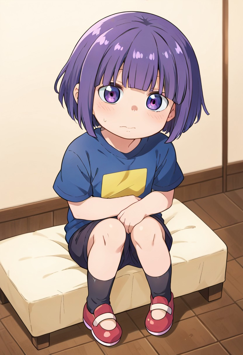 (zPDXL3), 
(zPDXLxxx), 
1boy, 
Shouta Magatsuchi, 
magatsuchi_shouta, 
purple eyes, 
purple hair, 
bob cut, 
blunt bangs, 
shirt, 
short pants, 
chibi, 
short stature, 
shortstack, 
slender, 
embarrassed, 
sitting, 
hugging knees. 
bust up, 
from above,
