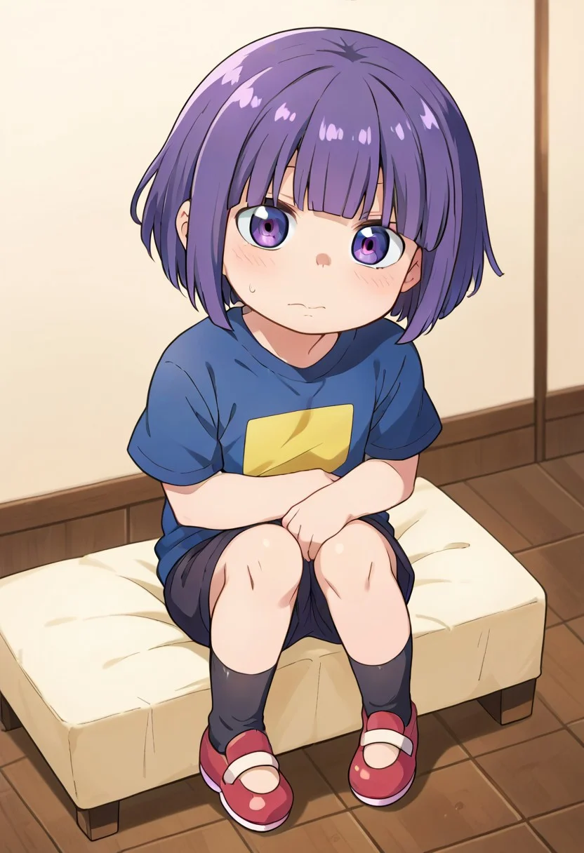 (zPDXL3),
(zPDXLxxx),
1boy,
Shouta Magatsuchi,
magatsuchi_shouta,
purple eyes,
purple hair,
bob cut,
blunt bangs,
shirt,
short pants,
chibi,
short stature,
shortstack,
slender,
embarrassed,
sitting,
hugging knees.
bust up,
from above,